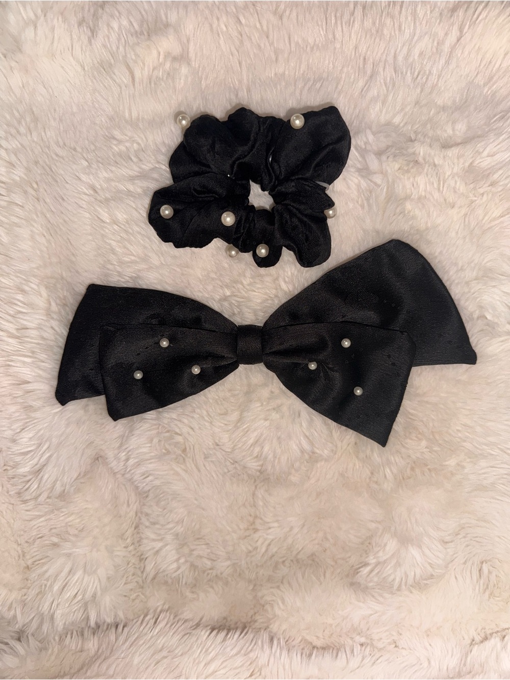 Black Pearl-Embellished Hair Bow & Scrunchie Set